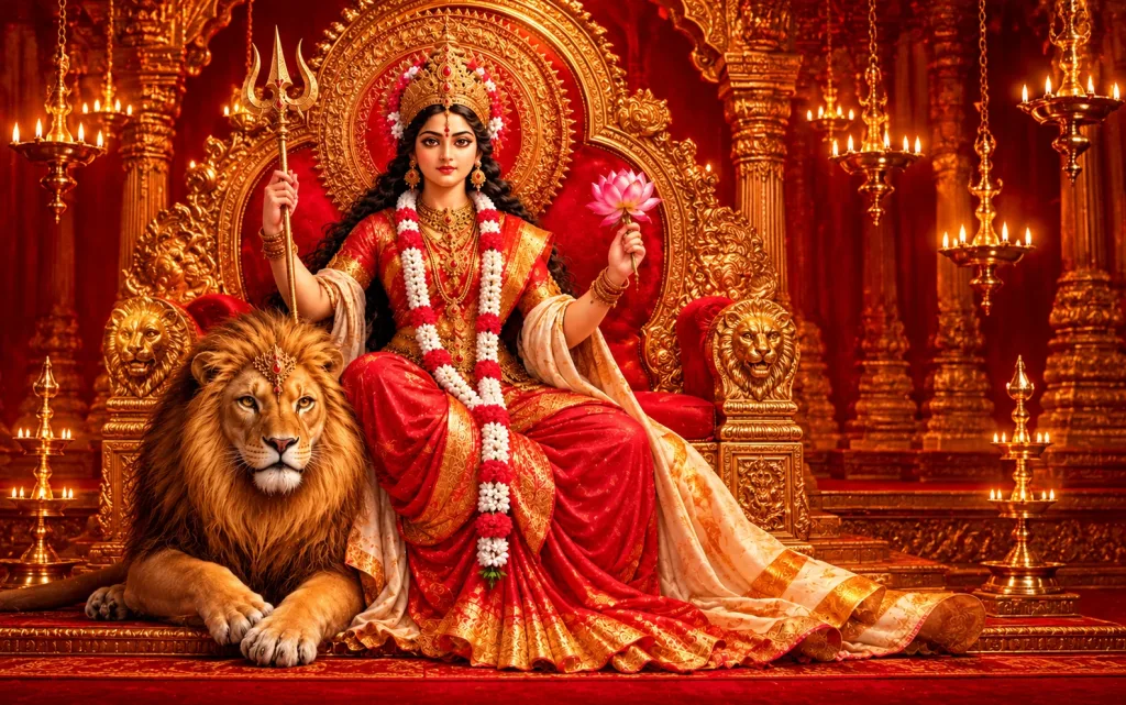 Regal Durga Shrine with Lion and Trident