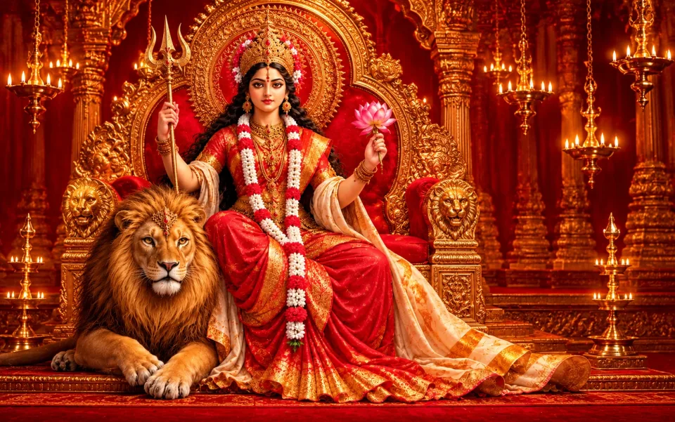 Regal Durga Shrine with Lion and Trident